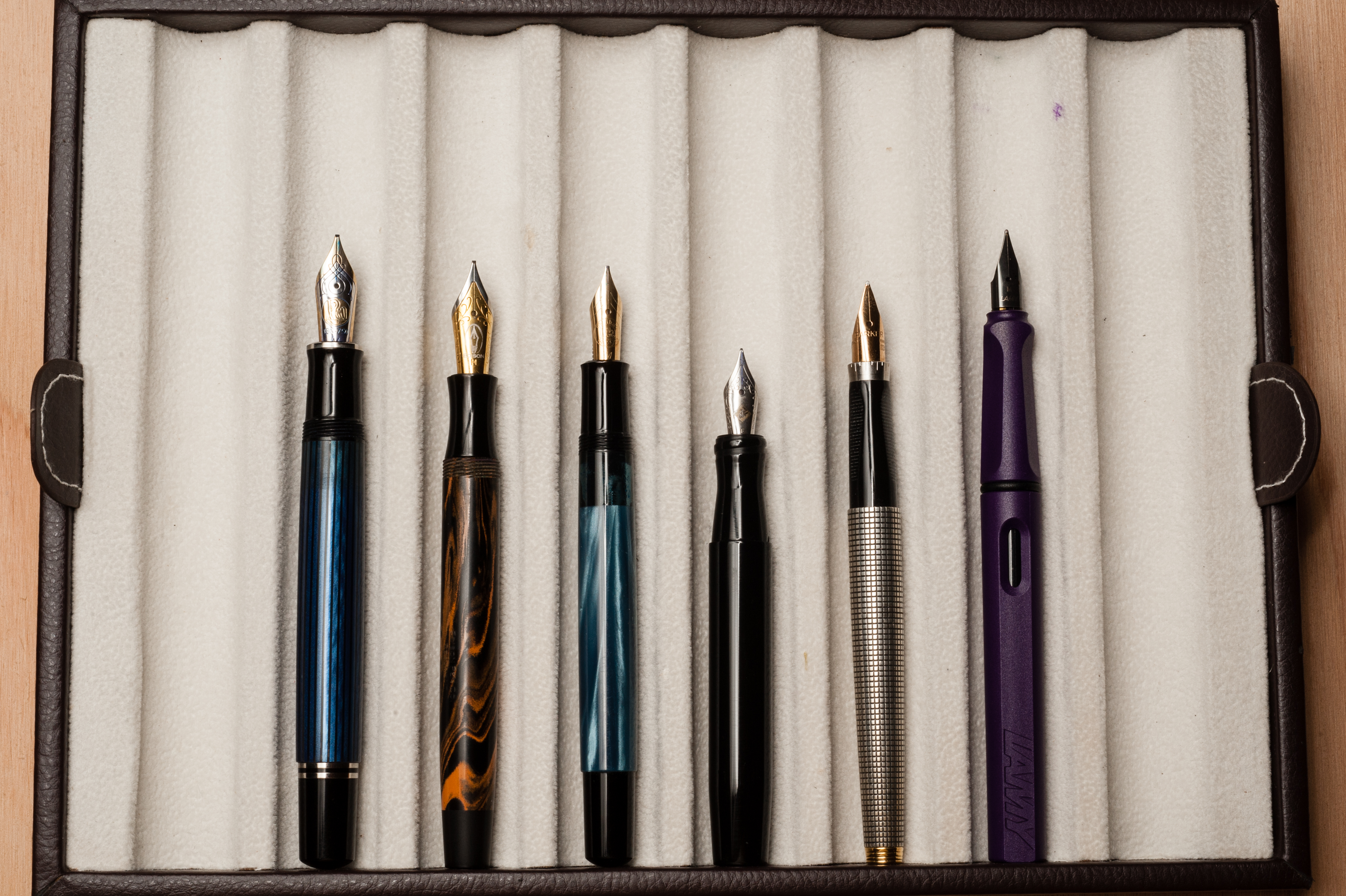 Unposted from left to right: Pelikan M805, Edison Beaumont, Pelikan M200, Franklin-Christoph Model 45, Parker 75, and Lamy Safari