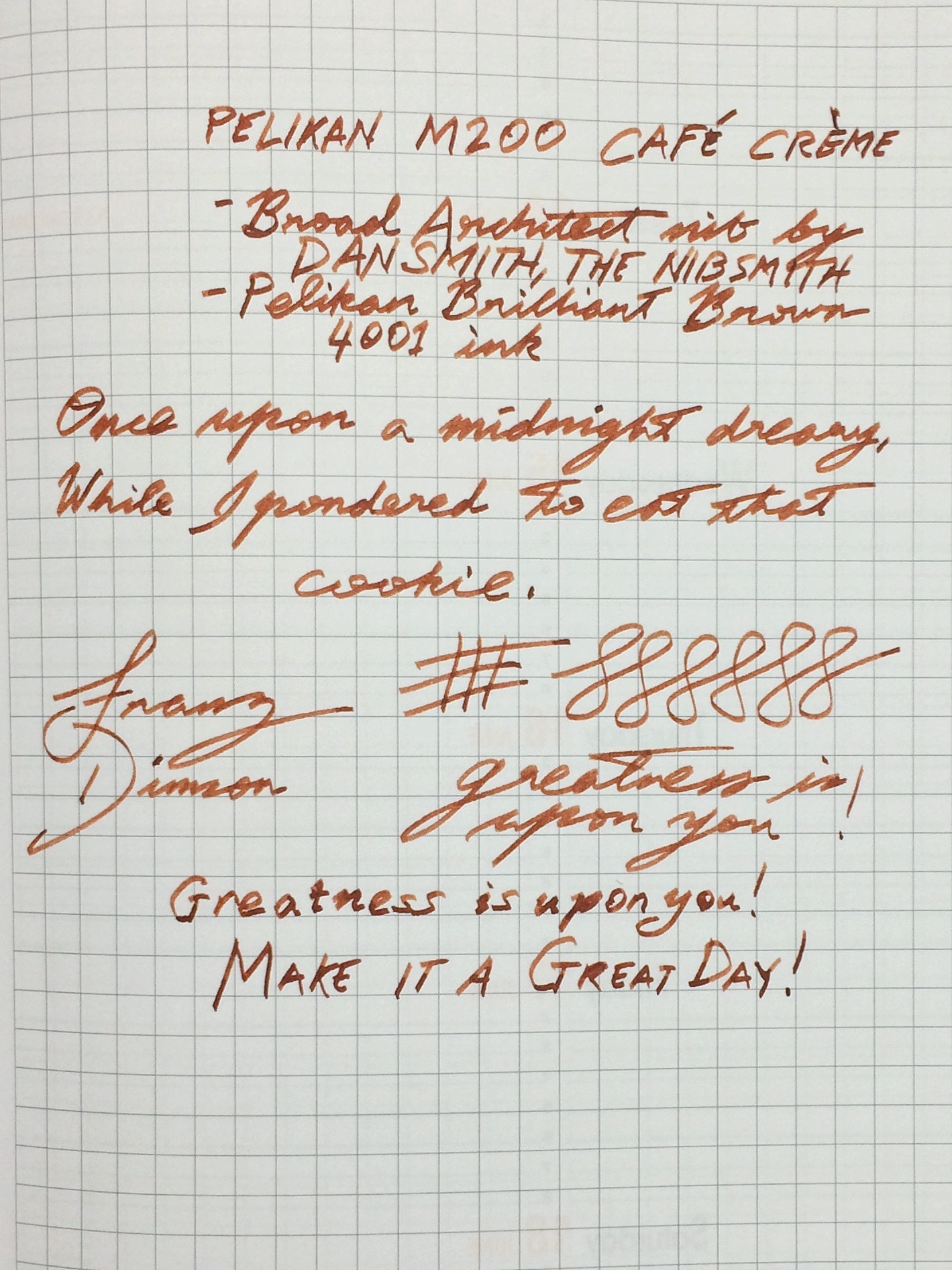 Franz’s writing sample of the Pelikan M200 broad architect nib on a Rhodia Weekly Planner