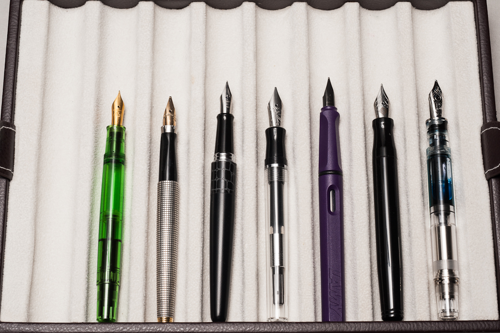 Unposted pens from left to right: Pelikan M200, Parker 75, Pilot Metropolitan, *Nemosine Singularity*, Lamy Safari, Franklin-Christoph Model 20, and Pelikan M805